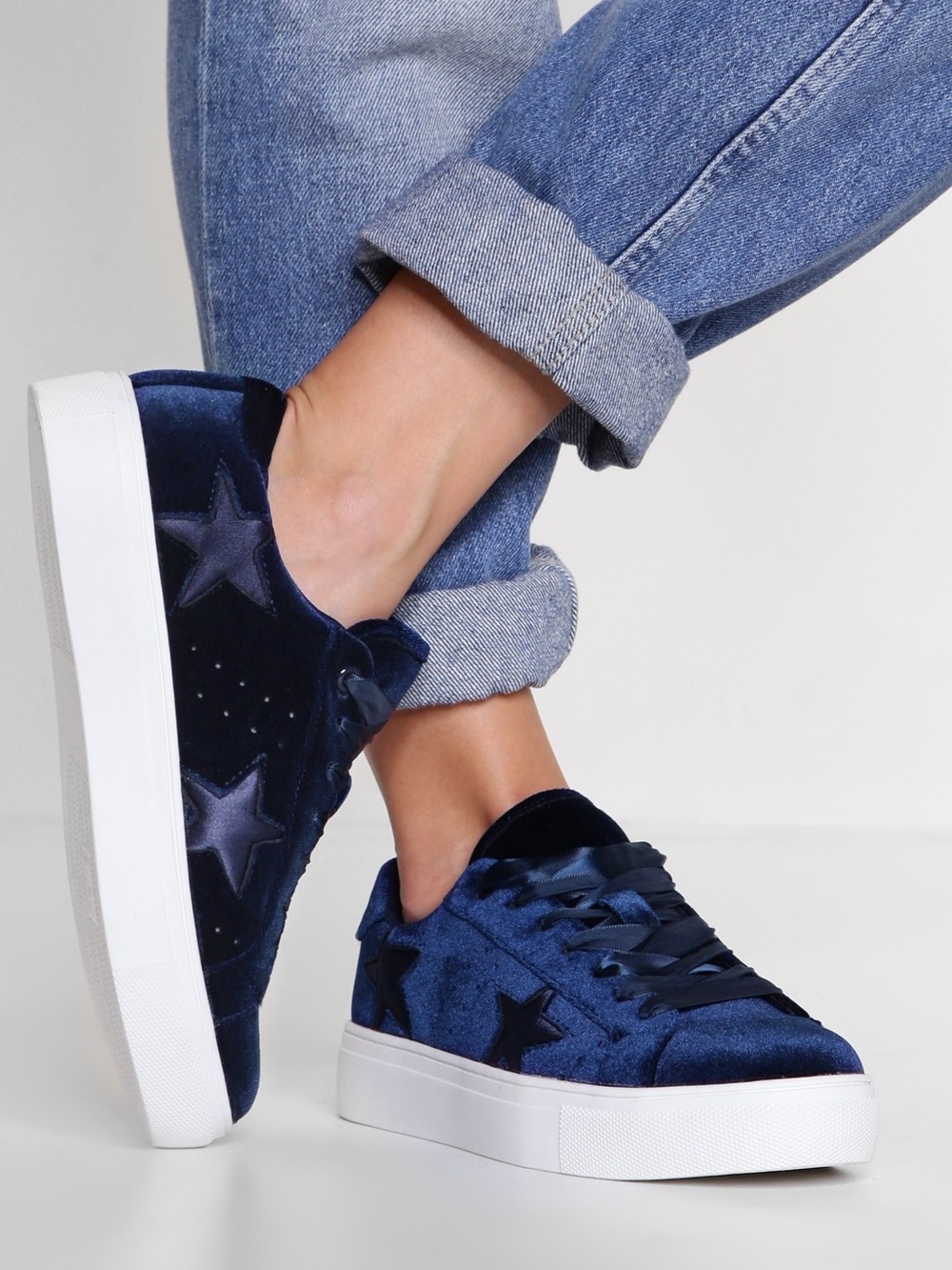 Madden Girl Starstruck Navy Blue Velvet Low Top Sneakers with Satin Laces.